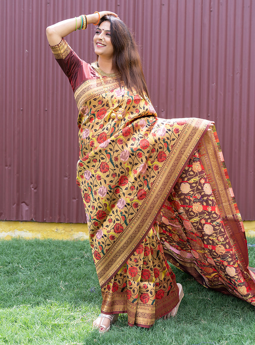 Monjolika Fashion Brown & Gold Paithani Silk Blend Saree with Gold Zari & Peacock Meenakari Motif | Grocsy