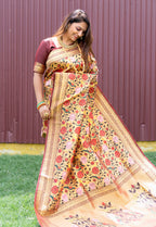 Monjolika Fashion Brown & Gold Paithani Silk Blend Saree with Gold Zari & Peacock Meenakari Motif | Grocsy