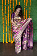 Monjolika Fashion Dark Purple & Gold Paithani Silk Blend Saree with Gold Zari & Peacock Meenakari Motif | Grocsy