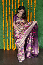 Monjolika Fashion Dark Purple & Gold Paithani Silk Blend Saree with Gold Zari & Peacock Meenakari Motif | Grocsy