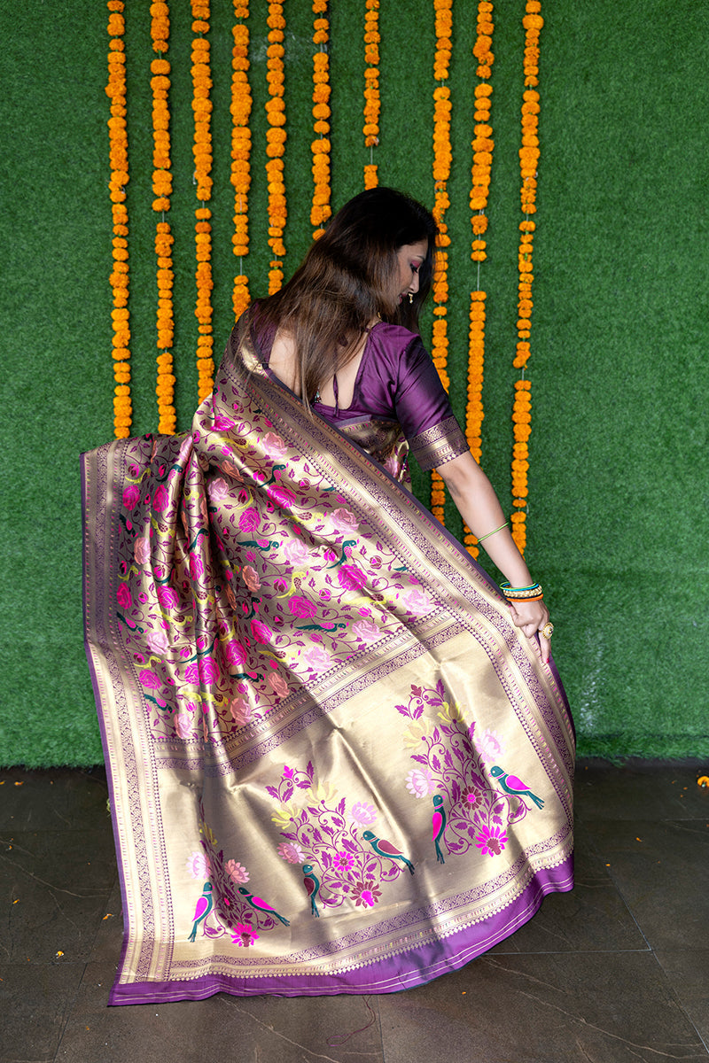 Monjolika Fashion Dark Purple & Gold Paithani Silk Blend Saree with Gold Zari & Peacock Meenakari Motif | Grocsy