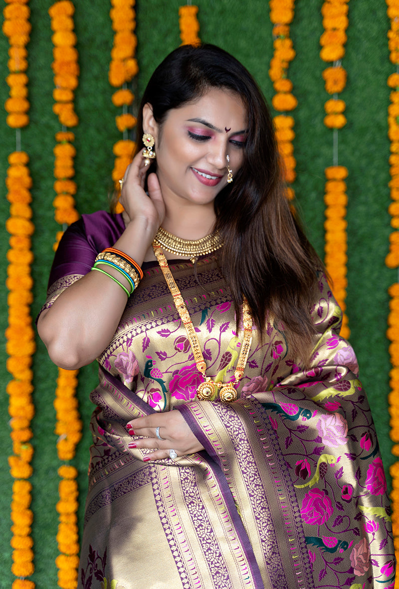 Monjolika Fashion Dark Purple & Gold Paithani Silk Blend Saree with Gold Zari & Peacock Meenakari Motif | Grocsy