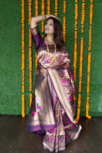 Monjolika Fashion Dark Purple & Gold Paithani Silk Blend Saree with Gold Zari & Peacock Meenakari Motif | Grocsy