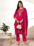 Yufta Pink Velvet Kurta Dupatta Set With Embroidery | Grocsy