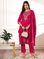 Yufta Pink Velvet Kurta Dupatta Set With Embroidery | Grocsy
