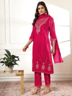 Yufta Pink Velvet Kurta Dupatta Set With Embroidery | Grocsy