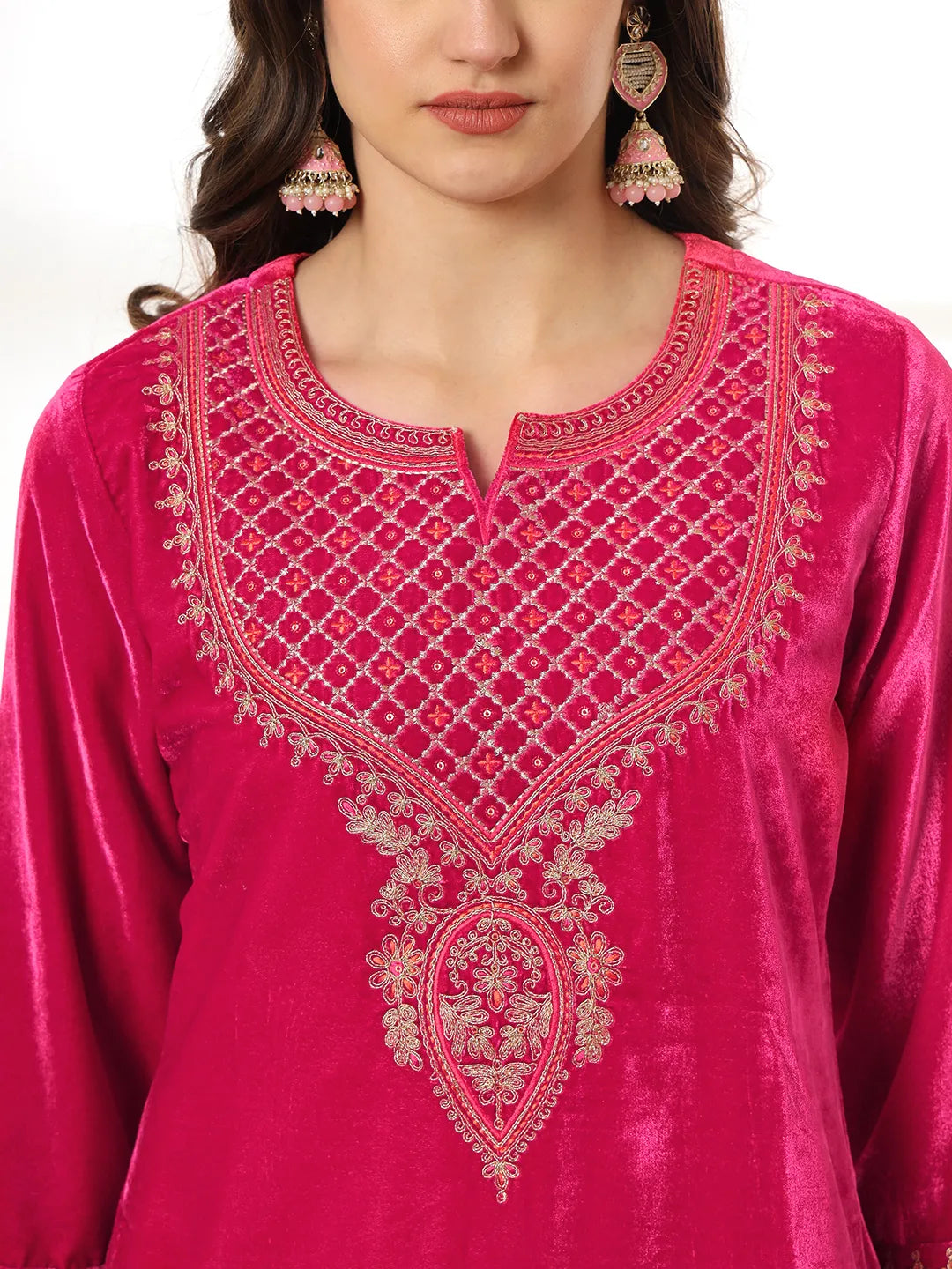Yufta Pink Velvet Kurta Dupatta Set With Embroidery | Grocsy