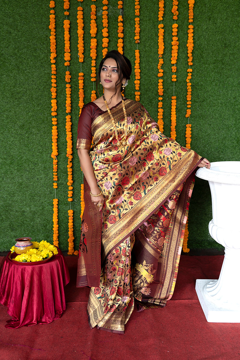Monjolika Fashion Maroon & Gold Paithani Silk Blend Saree with Gold Zari & Peacock Meenakari Motif | Grocsy
