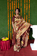 Monjolika Fashion Maroon & Gold Paithani Silk Blend Saree with Gold Zari & Peacock Meenakari Motif | Grocsy