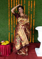 Monjolika Fashion Maroon & Gold Paithani Silk Blend Saree with Gold Zari & Peacock Meenakari Motif | Grocsy