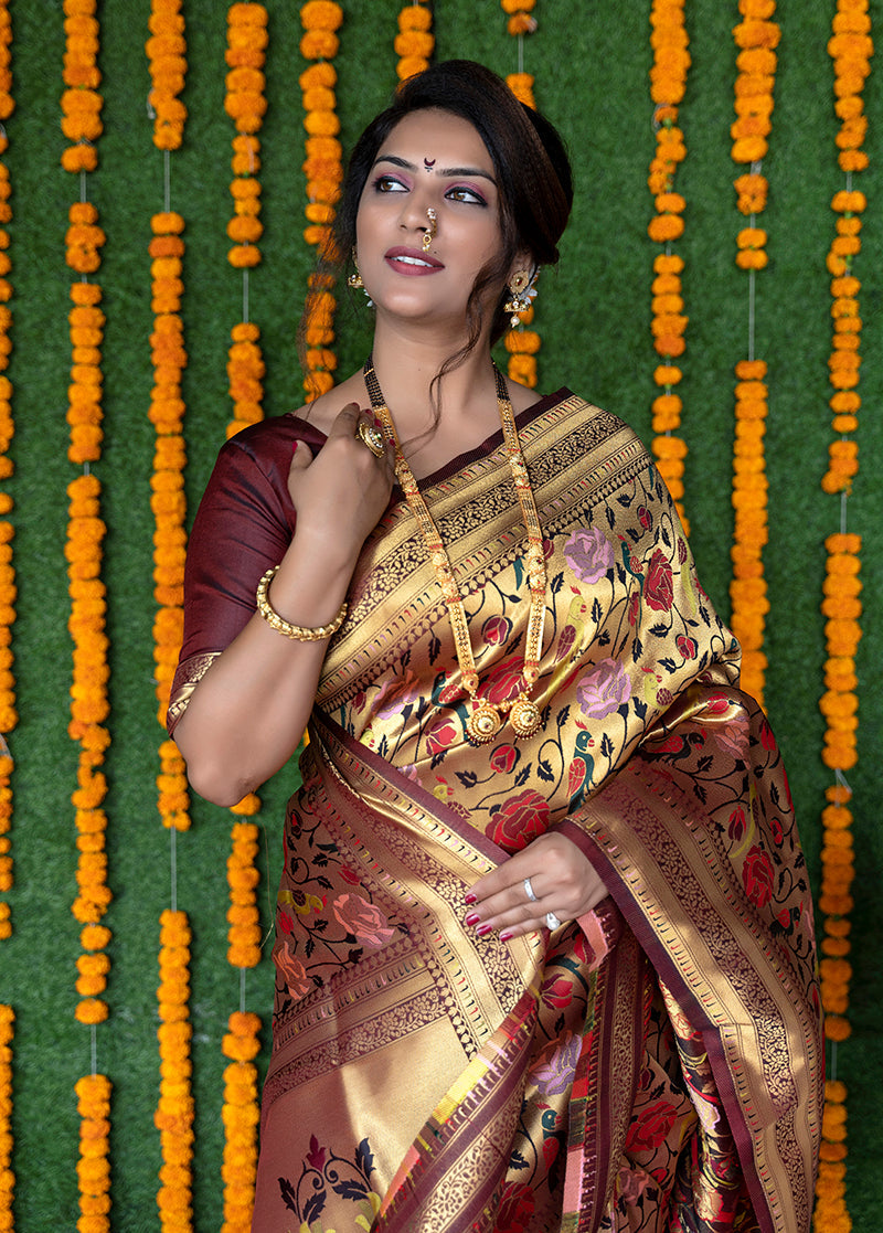 Monjolika Fashion Maroon & Gold Paithani Silk Blend Saree with Gold Zari & Peacock Meenakari Motif | Grocsy