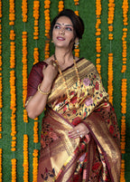 Monjolika Fashion Maroon & Gold Paithani Silk Blend Saree with Gold Zari & Peacock Meenakari Motif | Grocsy