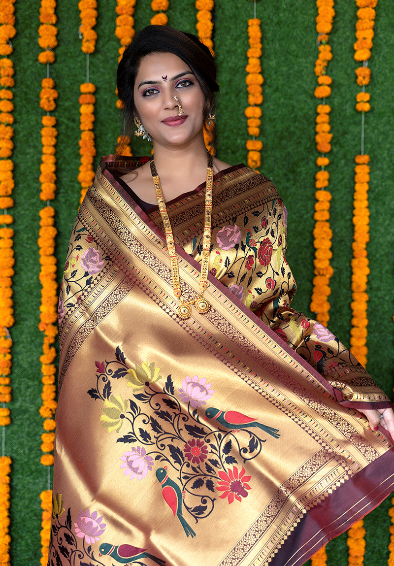 Monjolika Fashion Maroon & Gold Paithani Silk Blend Saree with Gold Zari & Peacock Meenakari Motif | Grocsy