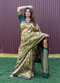 Monjolika Fashion Beige and Dark Green Paithani Silk Blend Saree with Peacock Motif | Grocsy