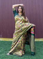 Monjolika Fashion Beige and Dark Green Paithani Silk Blend Saree with Peacock Motif | Grocsy