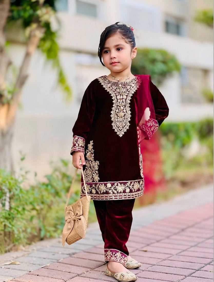 Evanik Maroon Designer Viscose Velvet Embroidered Work Kids Kurta Set | Grocsy