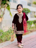 Evanik Maroon Designer Viscose Velvet Embroidered Work Kids Kurta Set | Grocsy