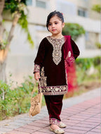 Evanik Maroon Designer Viscose Velvet Embroidered Work Kids Kurta Set | Grocsy