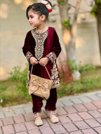 Evanik Maroon Designer Viscose Velvet Embroidered Work Kids Kurta Set | Grocsy