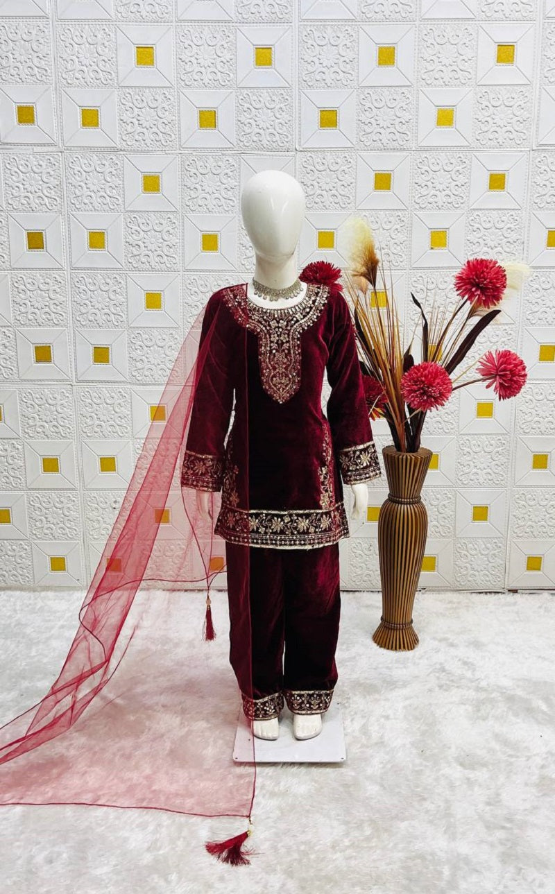 Evanik Maroon Designer Viscose Velvet Embroidered Work Kids Kurta Set | Grocsy