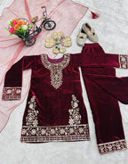 Evanik Maroon Designer Viscose Velvet Embroidered Work Kids Kurta Set | Grocsy