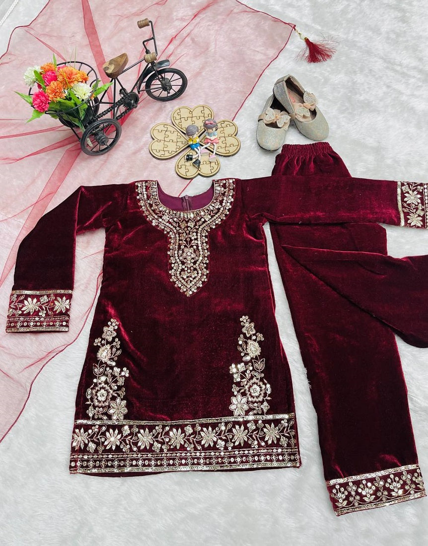 Evanik Maroon Designer Viscose Velvet Embroidered Work Kids Kurta Set | Grocsy