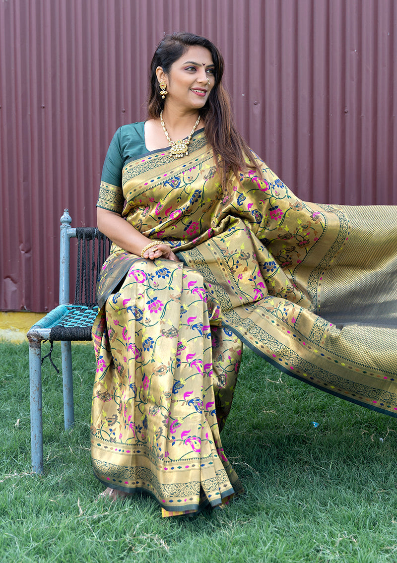 Monjolika Fashion Beige and Dark Green Paithani Silk Blend Saree with Peacock Motif | Grocsy