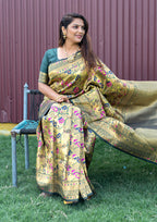 Monjolika Fashion Beige and Dark Green Paithani Silk Blend Saree with Peacock Motif | Grocsy