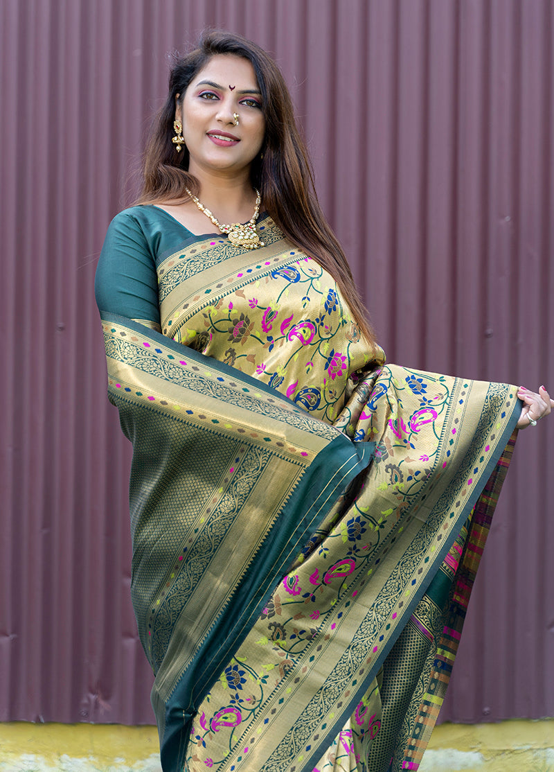 Monjolika Fashion Beige and Dark Green Paithani Silk Blend Saree with Peacock Motif | Grocsy