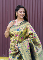 Monjolika Fashion Beige and Dark Green Paithani Silk Blend Saree with Peacock Motif | Grocsy