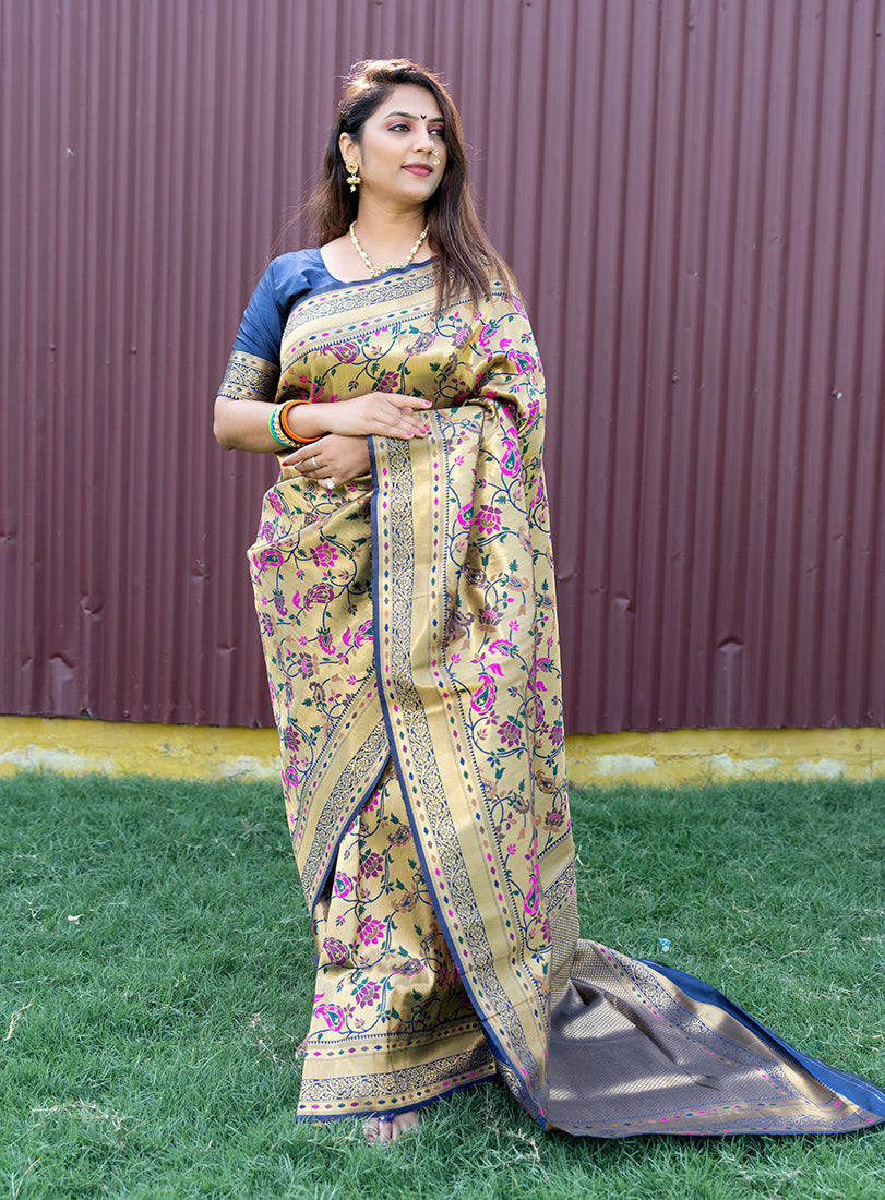 Monjolika Fashion Beige and Navy Blue Paithani Silk Blend Saree With Peacock Motif | Grocsy