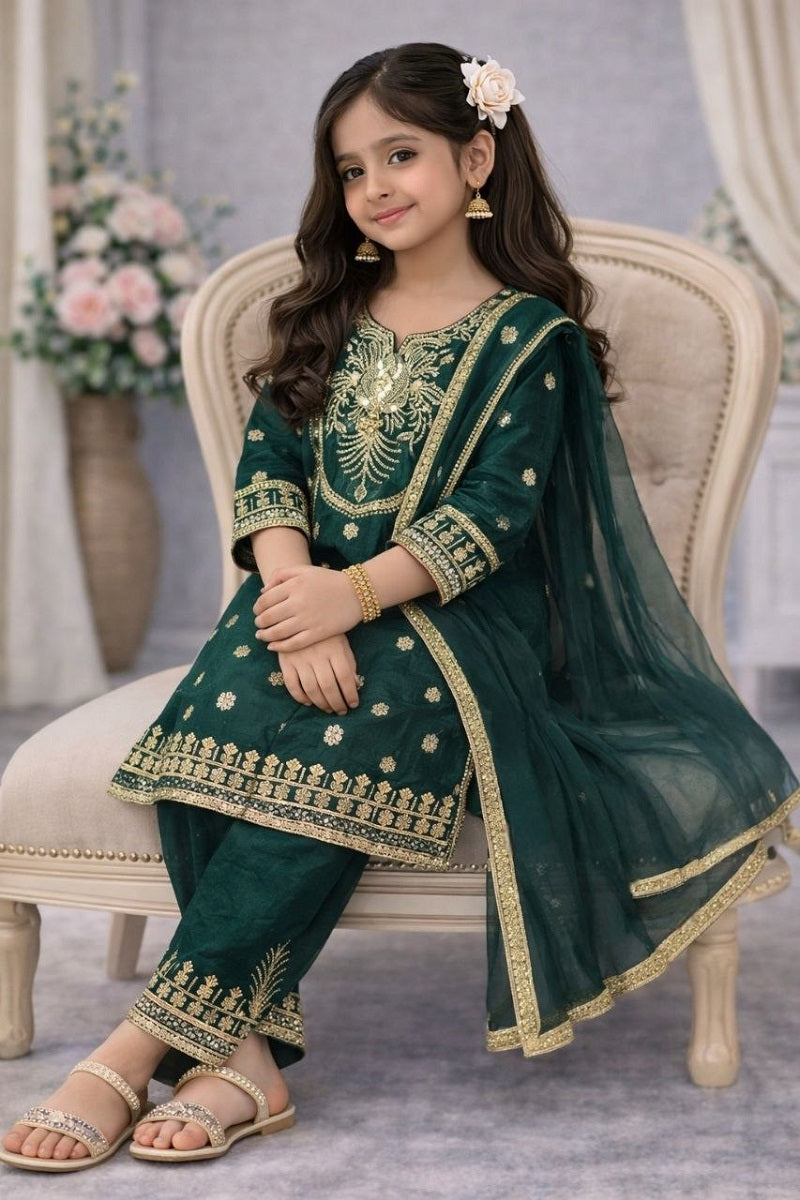 Evanik Green Embroidered Sequence Work Fendy Silk Kids Kurta Set | Grocsy