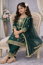 Evanik Green Embroidered Sequence Work Fendy Silk Kids Kurta Set | Grocsy