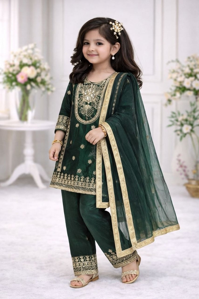 Evanik Green Embroidered Sequence Work Fendy Silk Kids Kurta Set | Grocsy