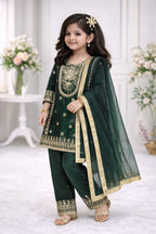 Evanik Green Embroidered Sequence Work Fendy Silk Kids Kurta Set | Grocsy