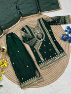 Evanik Green Embroidered Sequence Work Fendy Silk Kids Kurta Set | Grocsy