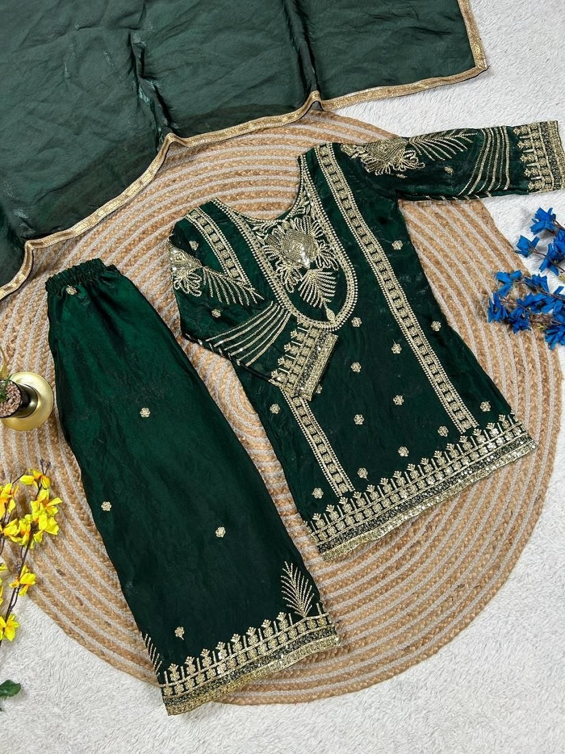 Evanik Green Embroidered Sequence Work Fendy Silk Kids Kurta Set | Grocsy