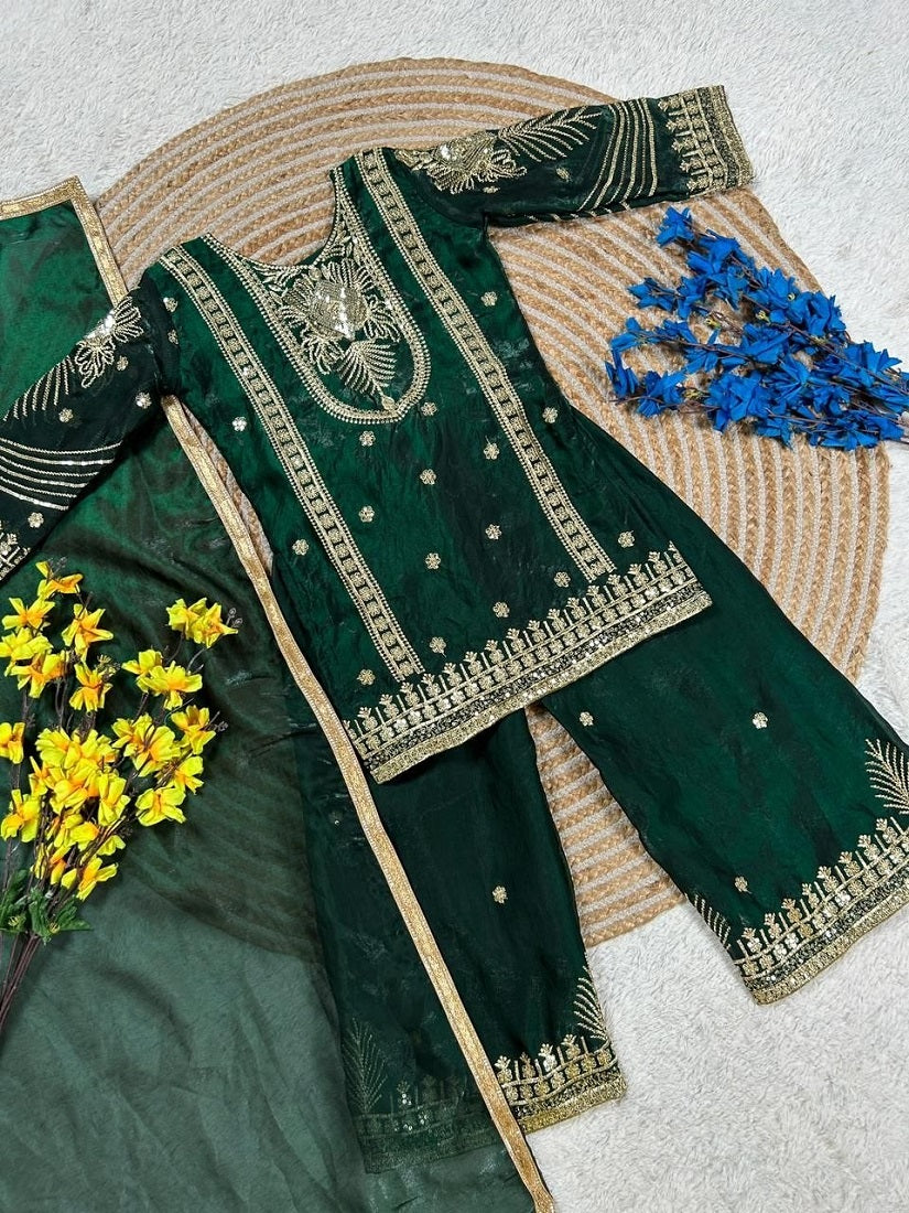 Evanik Green Embroidered Sequence Work Fendy Silk Kids Kurta Set | Grocsy