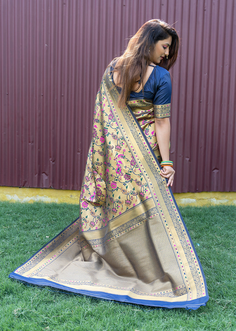 Monjolika Fashion Beige and Navy Blue Paithani Silk Blend Saree With Peacock Motif | Grocsy