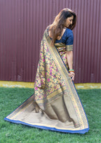 Monjolika Fashion Beige and Navy Blue Paithani Silk Blend Saree With Peacock Motif | Grocsy