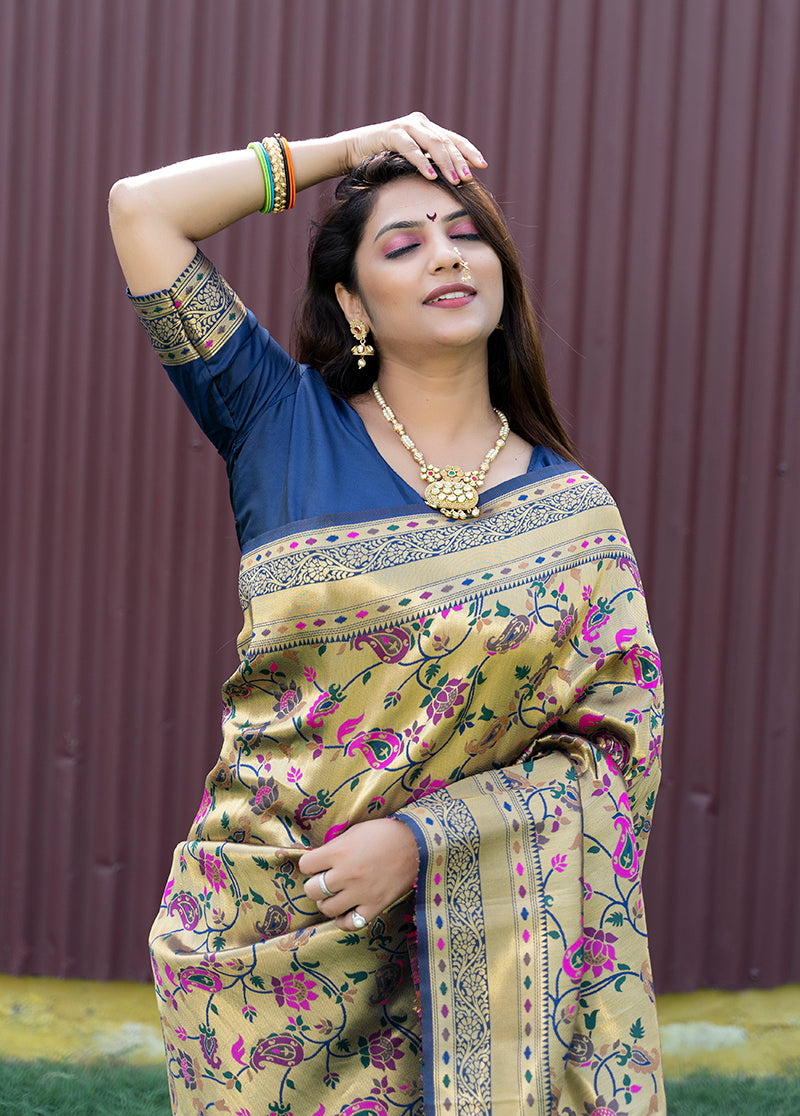 Monjolika Fashion Beige and Navy Blue Paithani Silk Blend Saree With Peacock Motif | Grocsy