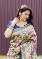 Monjolika Fashion Beige and Navy Blue Paithani Silk Blend Saree With Peacock Motif | Grocsy