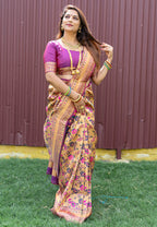 Monjolika Fashion Beige and Magenta Paithani Silk Blend Saree With Peacock Motif | Grocsy