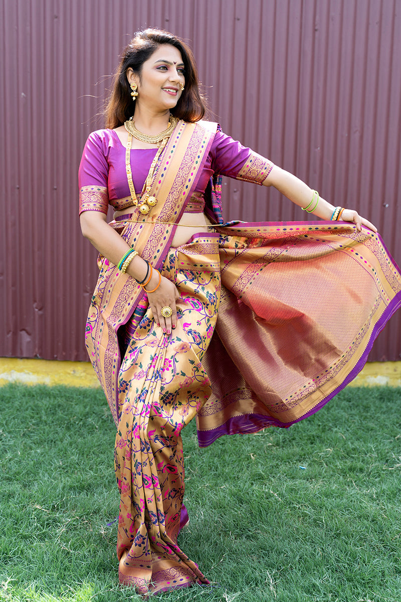 Monjolika Fashion Beige and Magenta Paithani Silk Blend Saree With Peacock Motif | Grocsy