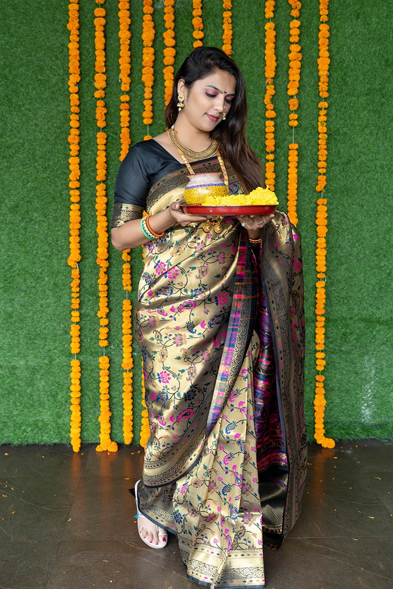 Monjolika Fashion Beige and Black Paithani Silk Blend Saree With Peacock Motif | Grocsy
