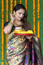 Monjolika Fashion Beige and Black Paithani Silk Blend Saree With Peacock Motif | Grocsy
