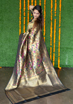 Monjolika Fashion Beige and Black Paithani Silk Blend Saree With Peacock Motif | Grocsy
