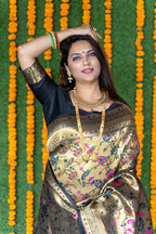 Monjolika Fashion Beige and Black Paithani Silk Blend Saree With Peacock Motif | Grocsy