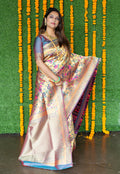 Monjolika Fashion Beige and Grey Paithani Silk Blend Saree With Peacock Motif | Grocsy