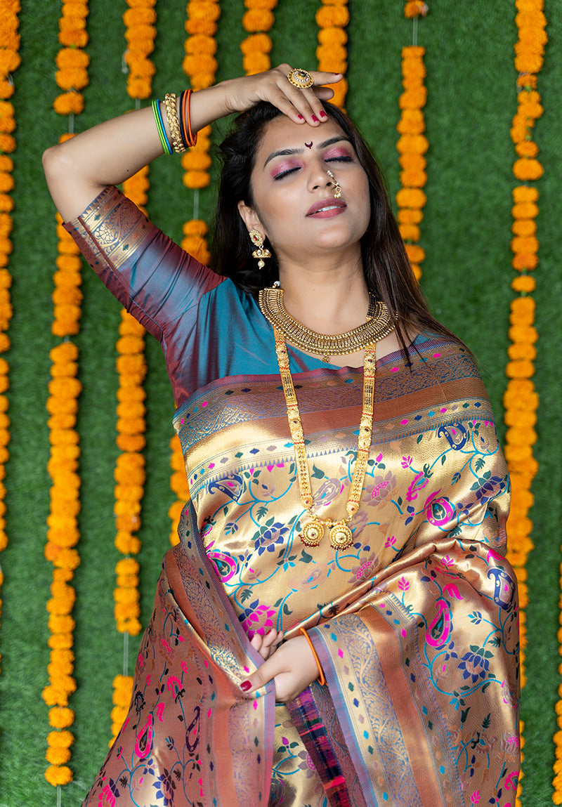 Monjolika Fashion Beige and Grey Paithani Silk Blend Saree With Peacock Motif | Grocsy